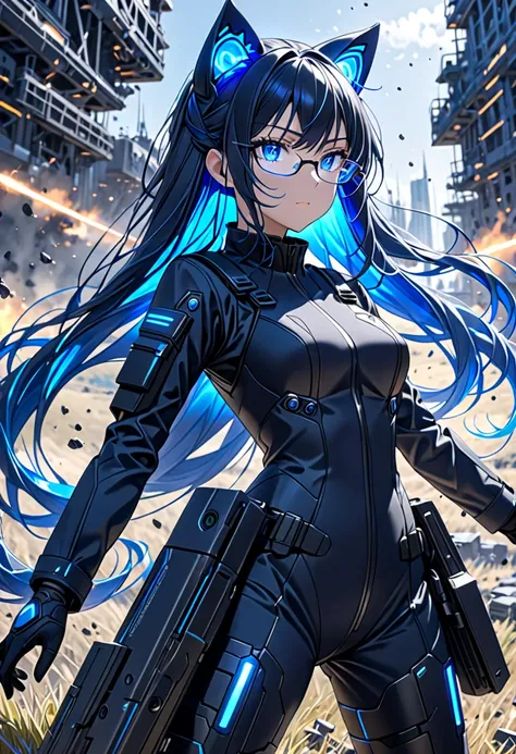 8K Ultra High-Quality, ultra-detailed, High quality, dark blue hair, Blue inner layer hair, glowing blue eyes, long hair, Cat ears, glasses, gloves, Black Tactical clothes, solderless suit, skirt, full body, close up, side view, looking away from viewer, b...