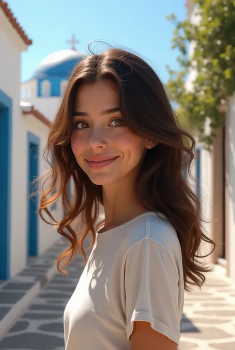 Create a hyperrealistic image of a young woman with indigenous features ,  dimples on her cheek and wavy brown hair wearing a light t-shirt and taking a selfie in Greece