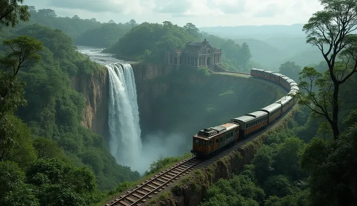 A train is under worst conditions in top of the forest hill thousand years ago with abandon place (top to bottom view) . Amazon forest. Below waterfall. Palace like horrible  . Natural 