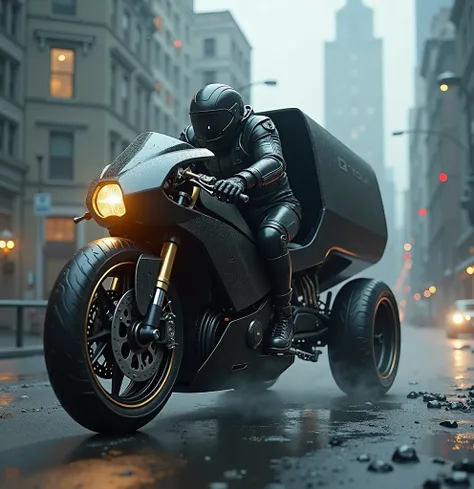 A motorcycle that talks ,  truck while traveling through a chaotic and cold city,  as it transforms into a  