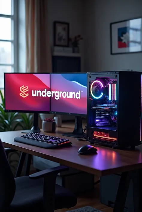 Create an image of a 3-screen gaming PC written on the screen logo "Underground" Inside a room 

Underground was left to be written 

I want the image to look real and not artificial, as if a human had taken the photo.