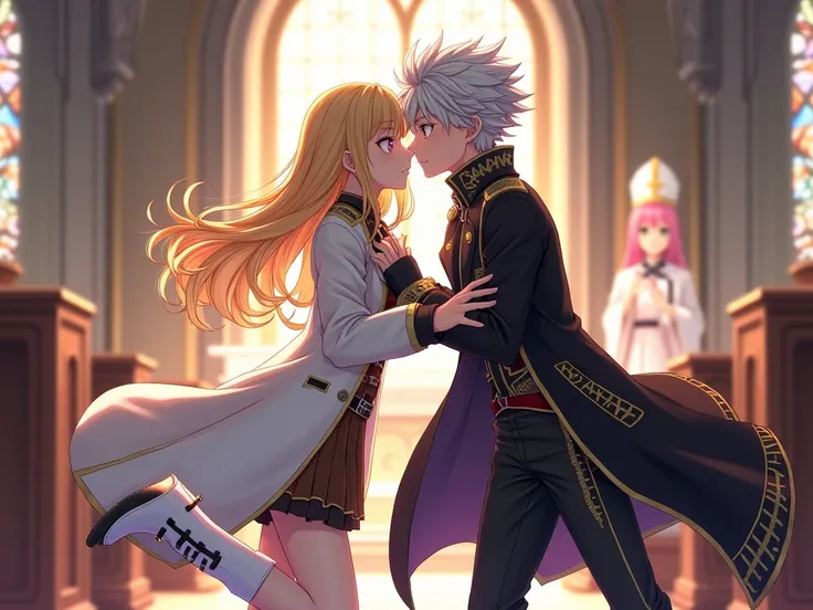 Very detailed and vibrant full HD image in digital art style, of a beautiful anime girl, loose golden hair, red eyes, wearing a white overcoat with brown and black details, wearing white combat boots, in a position of kiss with a beautiful anime boy with p...