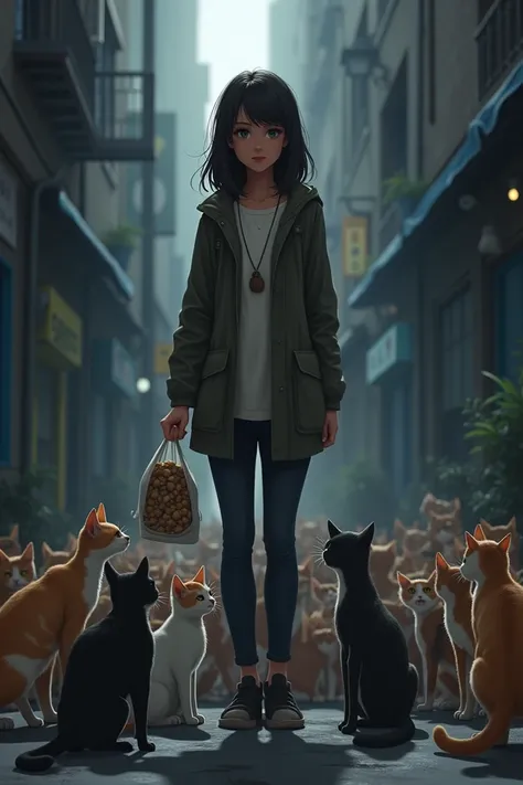 A dark-haired lady carries food in a bag for two cats who are homeless on the street and it turns out that the cat brought more cats and the food is no longer enough the lady is surprised 