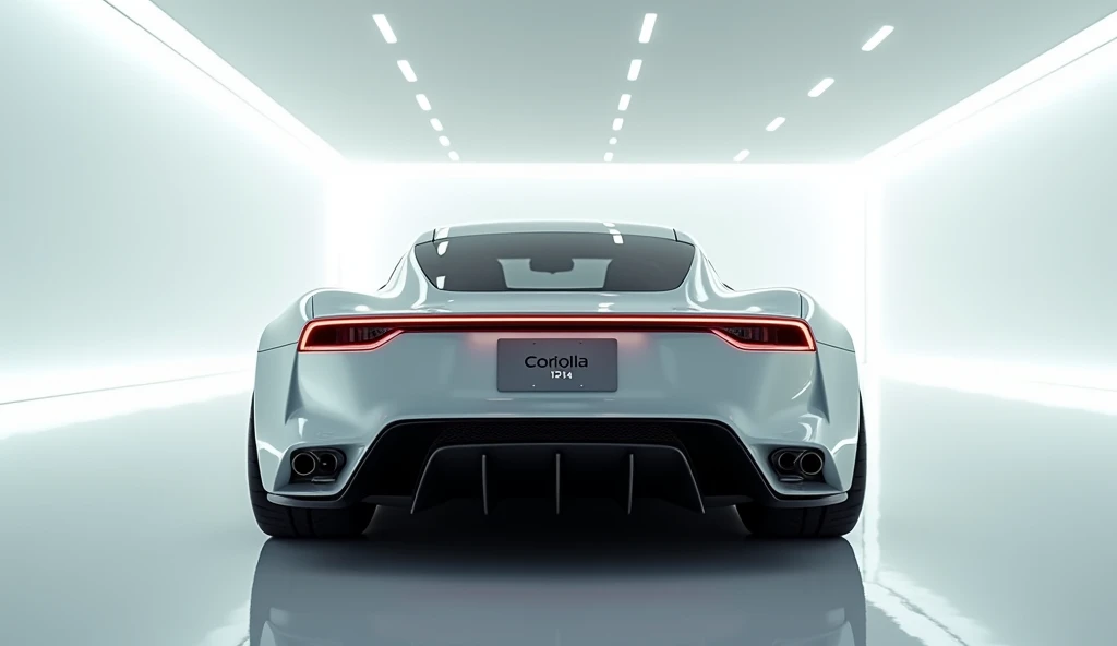 A photo of a white 2025 maserati mc 20.  parked in the middle of a bright, modern gallery with smooth, reflective floors. The car is displayed from the back . but logo on it should be Toyota . the tube lights light are reflecting on the car and makings lin...