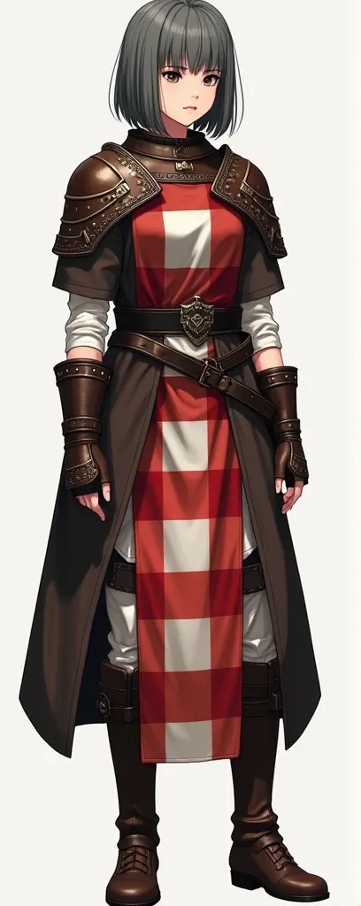 Describe the appearance of a militia girl with dark gray hair and a square hairstyle in light militia armor from the game Gothic 2. Her face looks quite simple, not perfect beauty and round eyes. She is wearing a tunic with large red and white knee-length ...