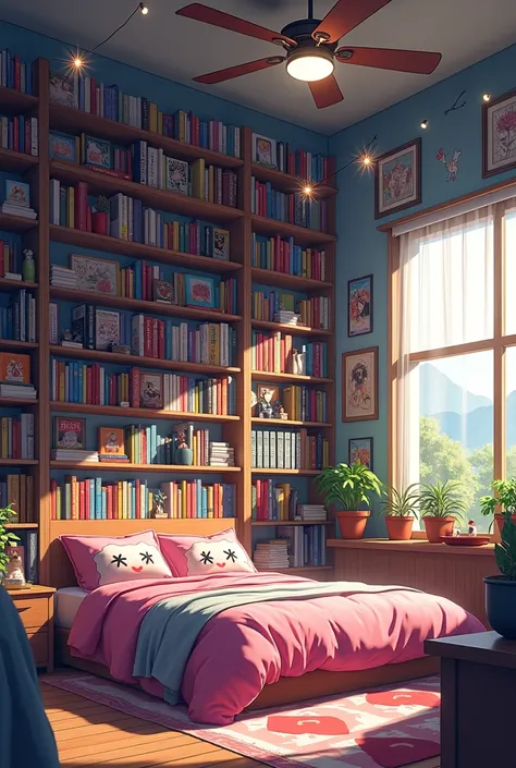 Girls otaku bedroom with extra large bookcase 