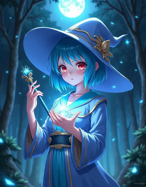 ((Super detailed, ultra hd, 8k, best quality, masterpiece, ultra realistic, perfect face, detailed eye, beautiful hands)) Anime girl, Wizard, Wizard Hat, , Cyan Hair, Short hair, Red Eyes, Holding Magic Staff, Casting a magic, No Spirit Face, (Forest, Nigh...