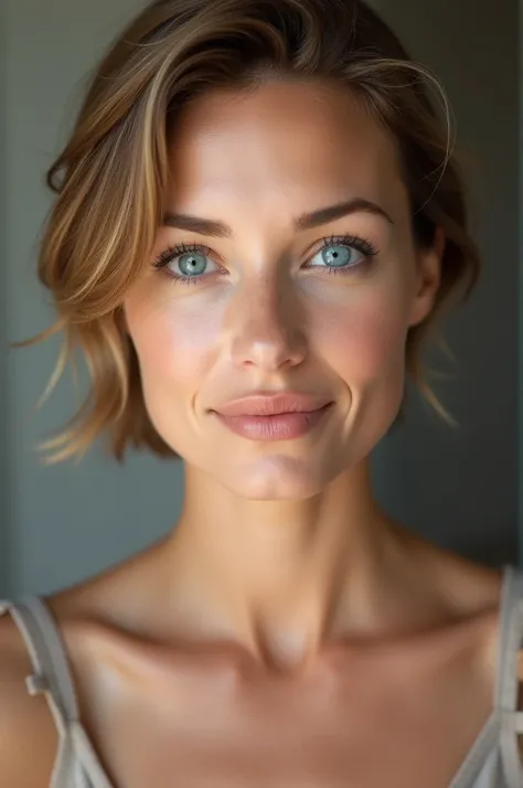  Adult woman with a 36-year-old face with blue eyes , short light brown hair ,  and a neckline that shows a little of the neck of her breasts.