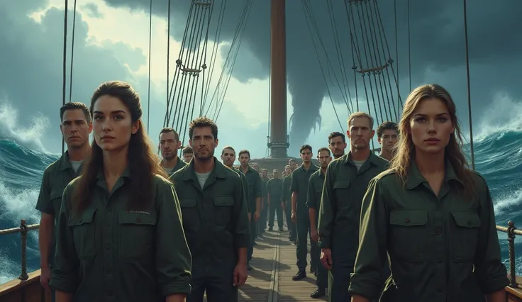 two women and twelve men on a sailing ship looking straight ahead, with stormy seas ahead including a tornado. everyone is looking at the camera. the women are also in uniform. everyone is in work clothes and looks busy