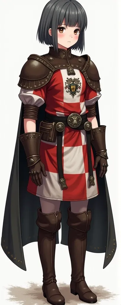 Describe the appearance of a militia girl with dark gray hair and a square hairstyle in light militia armor from the game Gothic 2. Her face looks quite simple, not perfect beauty and round eyes. She is wearing a tunic with large red and white knee-length ...