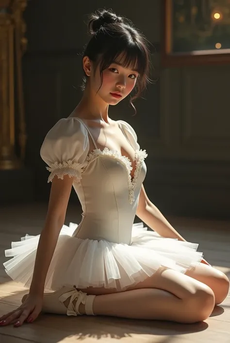 Photographic picture, super realism, ((shot from below:1.2)), Full body, Ballet pose, Attitude, sitting on floor, extend legs both side, show the crotch, visible detail crotch, looking at viewer, Japanese female, Age: 18yo, she is Japanese ballerina, (blac...