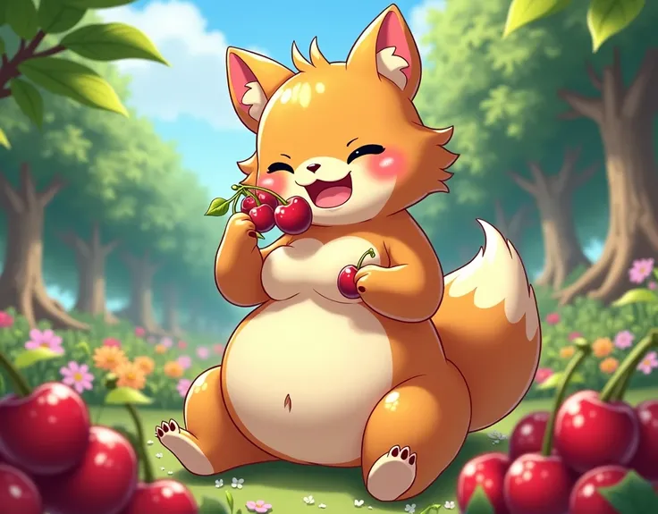 Furry girl eating cherries,  with a voluptuous and cheerful anime-style body