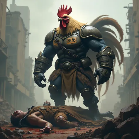  Create a spooky image of a muscular rooster in a war setting over a pile of human bodies, he must be strong and muscular and be wearing war clothes written in BRZ6  