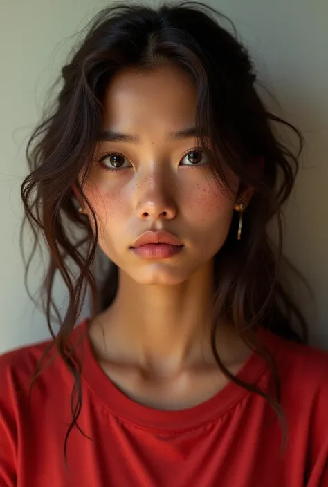 Create a hyperrealistic image of a young woman with indigenous features ,  dimples on her cheek and wavy brown hair wearing a red t-shirt, She is undecided ,  her face is very expressive 