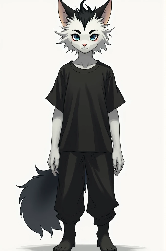  A drawing of a furro humanoid character with very white hair and skin ,  but the hair above the head is black ,  the forearms and the face have no hair  ( except for the eyebrows ) Wear pants () And black shirts ,  his tail and cat ears are black you cant...