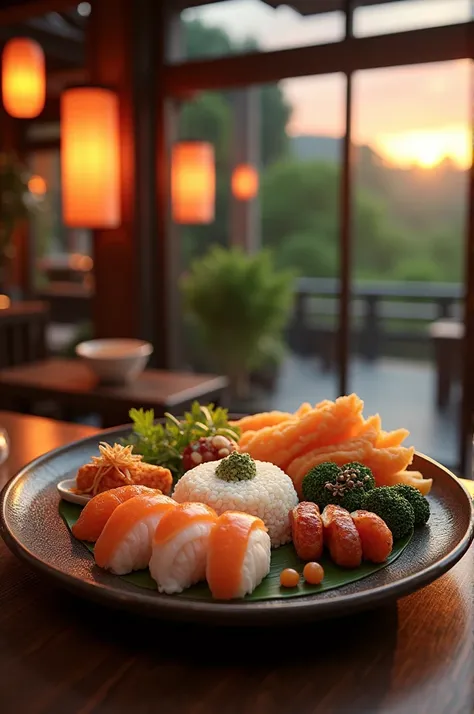 A plate of Japanese food at a Japanese restaurant outdoor evening 