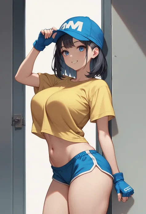 score_9, score_8_up, score_7_up, source_anime, best quality, clear face,fast skinny girl,black hair, blue eyes, medium hair, large breasts, perfect body, standing, slight smile, yellow shirt,blue mini shorts, indoor, pose,cool,simple design,cute, thick leg...