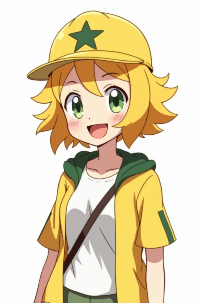 woman, anime,  white background,  yellow hair , yellow miners hat, Pokemon trainer