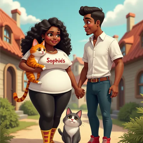  Short black girl ,  curvy wide hips ,  narrow waist ,  big breasts, curly hair, expressive brown eyes,  plump lips and cheeks , small nose,  x} is wearing a long white t-shirt with Sophies lettering,  black short leggings , galoshes ,  holding a black cat...