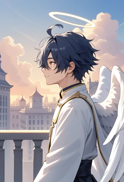 score_9_up, score_8_up, score_7_up, solo, source_anime, 1boy, handsome guy, young adult, young man, solo, dark blue hair, messy hair, ahoge BREAK hair over left eye, yellow eye BREAK White outfit, gold trim, priest, feathered wings, angel wings, halo BREAK...