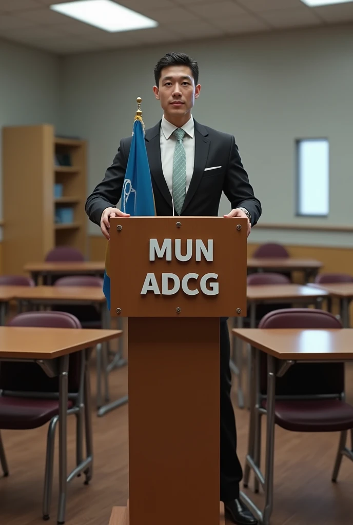 Create an image of a simulated United Nations model , and that the delegate is raising the closet with a flag and that the image on the front has the title of “MUN ADCG” and make it realistic another one and that it is in a classroom and that the closet is...