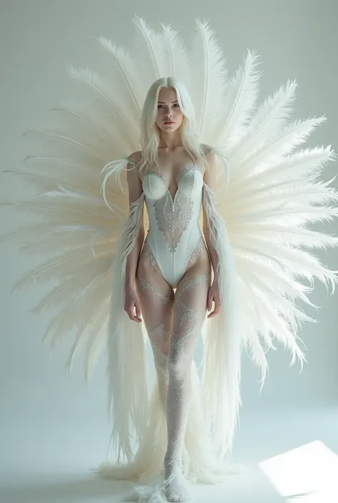 An albino woman dressed sexily like a white peacock