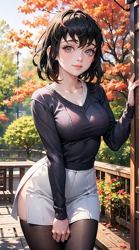   Beautiful dark haired girl  、Smartphone（  Demon Slayer）、 Demon Slayer、  black hair short hair  、 Black hair short hair  、 short beautiful black hair、slim,     she is wearing a sexy white sweater  、 very familiar skin 、   leaning forward in a white sweate...