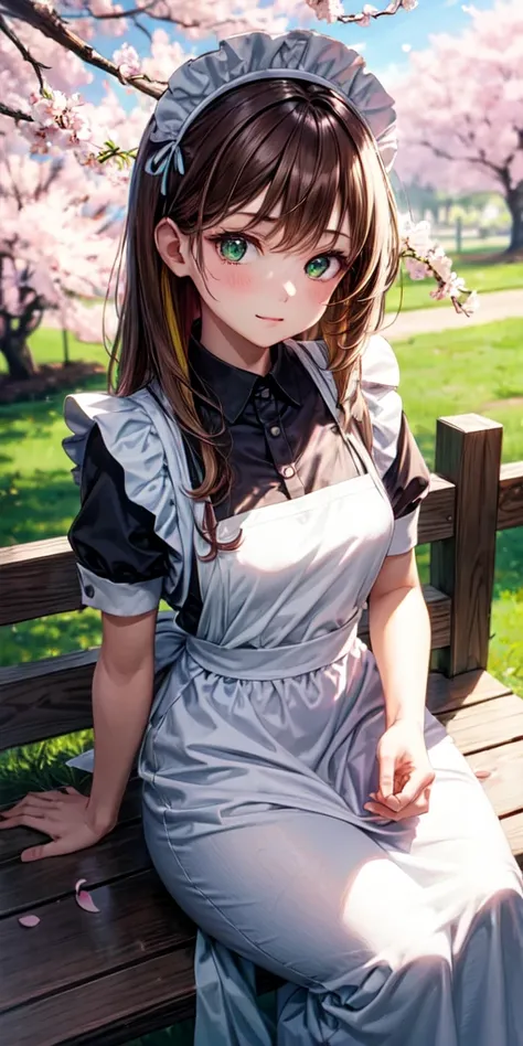 1girl, brown hair, multicolored hair, green eyes, maid, maid headdress, maid apron, cherry blossoms, sunbeam, wallpaper,