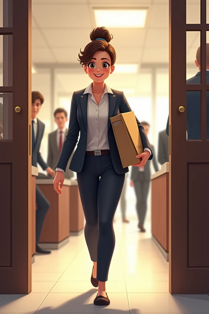 A character arrives at a public office with a big smile and an envelope of documents under his arm