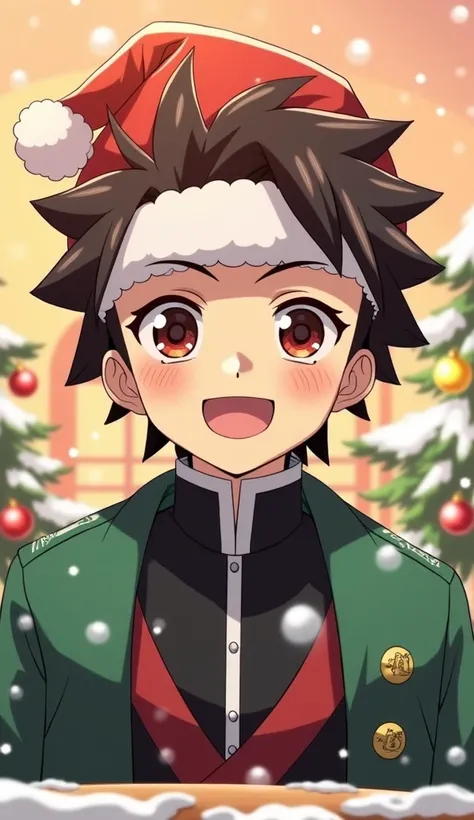 **"Create an anime-style image of Tanjiro Kamado from *Demon Slayer* in a festive Christmas theme. He should be wearing a red Santa hat and surrounded by holiday decorations like snow, Christmas trees, and lights. His signature sword should be visible, and...