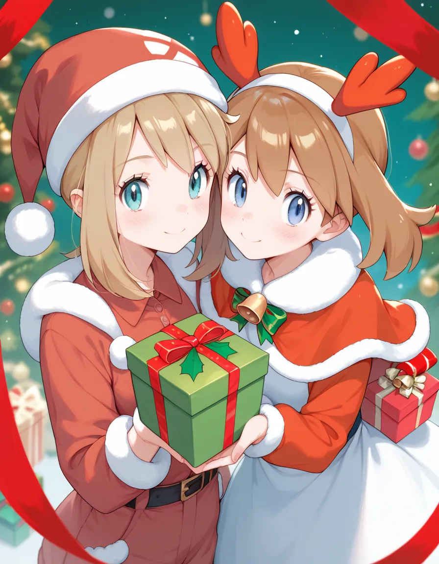 pokemon female character, may and misty, red-nosed reindeer costume, cute image, christmas cover, saturated colors, holding a gi...