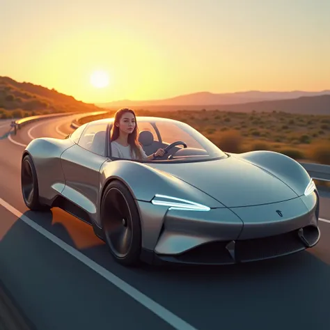 A modern  car protected by a transparent shield, with a smiling driver at the wheel. In the background, a road extending to the horizon with a sunrise, symbolizing a safe and peaceful future.