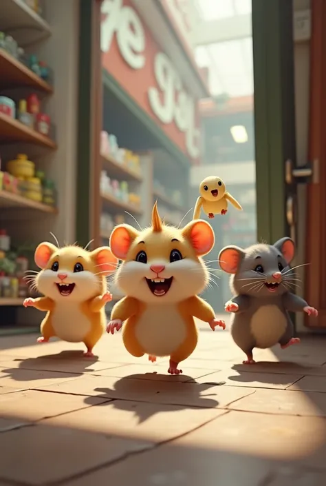  to create three hamsters with a cockatiel a hamster on the front with a light brown spot, one with a very dark brown spot with a crooked tooth and one with a gray spot with a split in the stain between the two eyes with them running away from a pet store ...