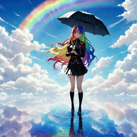 A woman holding an umbrella,Holding an umbrella with both hands, rainbow-colored hair,Long Hair,Black Uniform,mini skirt　A rainbow appears,noon,It rains,Reflection on the water horizon, standing on liquid 　Catch the wind