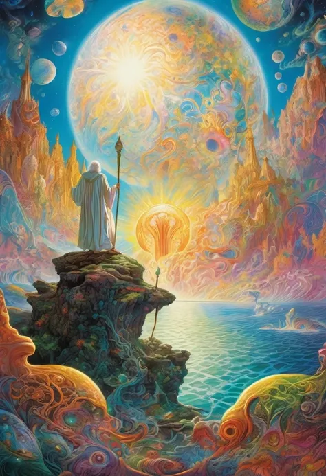 Beyond which the earth splits and the sea breaks, an unexplored world appears, presided over by a white-headed saint with a staff, psychedelic, science fantasy, and top quality images.