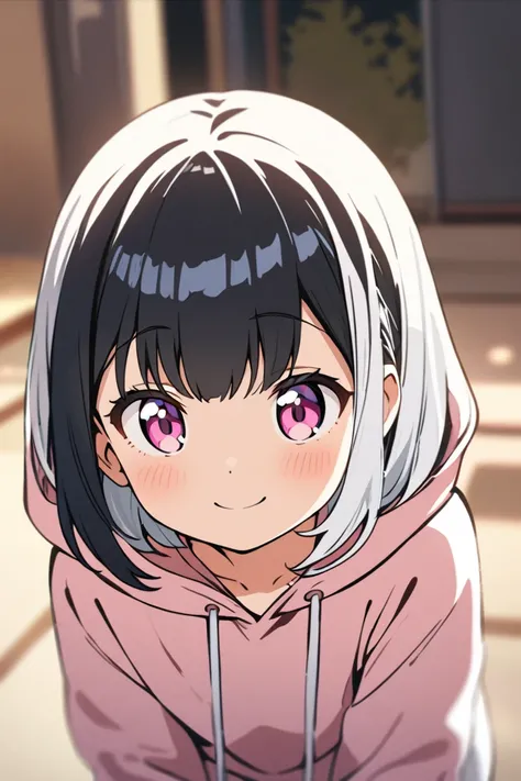 Anime Style, 1 girl has pink eyes,  black hair, smile, (Cute:1.33),( depth of field), ( flat chest), delicate,Refined,Quiet,Adorable, see correct anatomy,break, Super detailed,   with orange and white hair {x} in a hoodie ,  Facing forward , Smile and wink