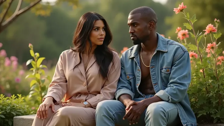 Incredibly highly detailed, 
Kim Kardashian and Kanye West sitting together in a tranquil garden, with Kim Kardashian in a comfortable, stylish outfit and Kanye West in casual, relaxed clothes. Both have calm and introspective expressions as they sit on a ...