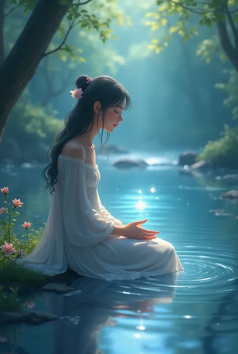 A gentle soul, with heart so bright,
Sits beside the rivers flowing light.
Her eyes, like sapphires, shine so blue,
Reflecting the waters peaceful hue