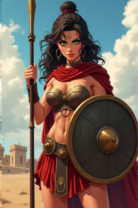 Full body image.
Spartan woman anime art.
Hair: tanned, with a warm tone that reflects sun exposure. Curly, dark, in natural waves around your face and shoulders.
Eyes: An intense green, with a determined and fierce gaze, reflecting determination. Face: St...