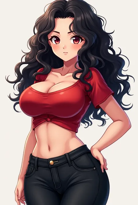   Teenager with curly black hair on the shoulders and Im wearing a red shirt with curvy low-waisted black jeans with large breasts, thin waist and wide hips, anime