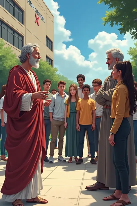 Pythagoras outside a high school with Juan Bosco and a group of ren 