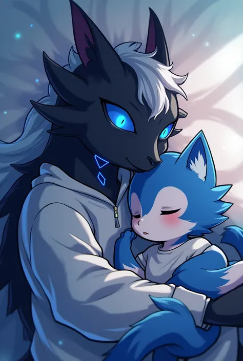 An image of 2 furries sleeping together .  A giant black dragon wolf with neon blue details with cyan eye with white hair wearing a white sweatshirt with black and neon blue details that is embracing a blue wolf with white details with a white shirt. anime...