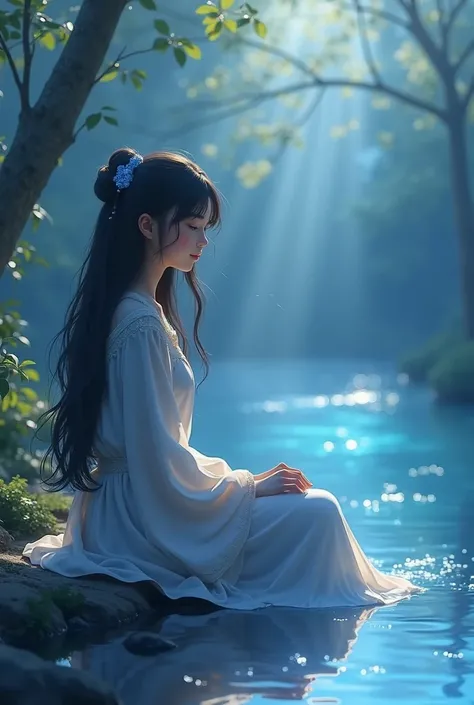 A gentle soul, with heart so bright,
Sits beside the rivers flowing light.
Her eyes, like sapphires, shine so blue,
Reflecting the waters peaceful hue