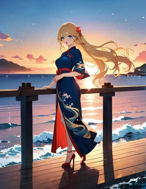 (masterpiece,  best quality:1.2), Illustration, Anime, ( wide shot), Model shoot,  Long Golden Hair, Dark Blue Eyes, Pretty lips,  beautiful face,   beautiful eyes ,  Japanese Traditional Chinese Dress , Red High Heels ,  Backlight , Standing on the pier, ...