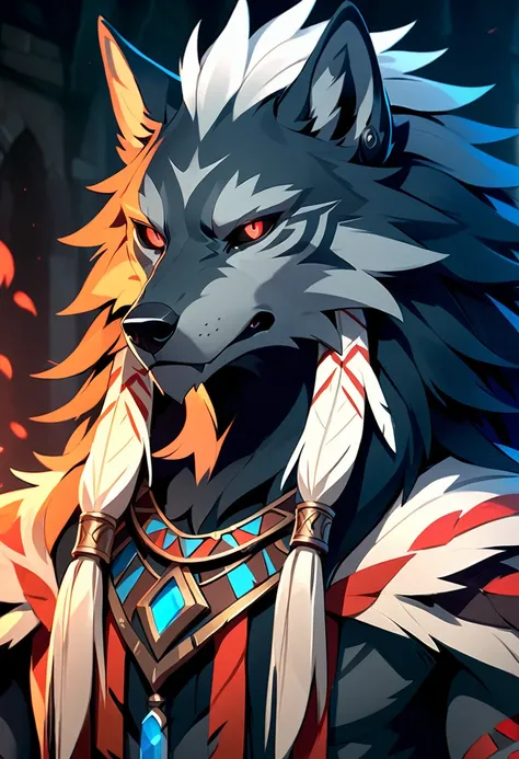 handsome anthropomorphic black wolf wearing nothing but a tribal tunic, glowing red demon eyes, black sclera, black fur, furry anime art, medieval, dark fantasy, light novel art, furry, intimidating, evil, detailed art, detailed fur, emotionless, cold expr...