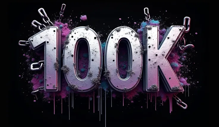 big text saying "100K" and small text saying "Obrigado!", interlaced text, metal chains, graffiti elements, ((black clean background)), purple and blue tink dripping, 3D, 