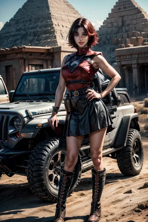 srwby, short hair, black hair, red hair, t-shirt, skirt, boots, gradient hair, grey eyes, outdoors, standing, smiling, (cowboy shot), dynamic pose, in desert, hand on hip, pyramid, jeep, intricate details, tonemapping, sharp focus, hyper detailed, (masterp...