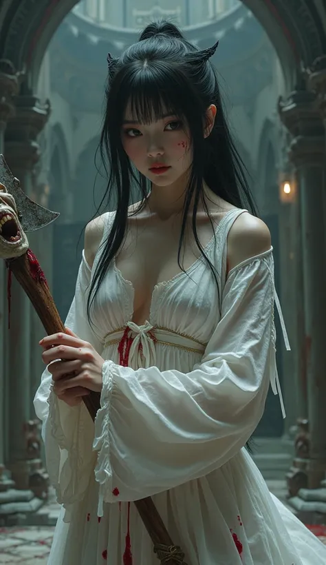  The picture depicts a young woman ,  seems to be a chinese vampire ,  stands against the background of a Gothic palace .  She wears a white color anime cosplay stained with flowing blood ,  and his pale skin and sharp teeth face the untamed nature . the c...