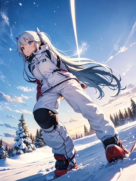  Light Blue Long Hair 、1 girl with twin tails ，(Ski, , Snow Explosion),雪煙をたてながらSkiで滑る生地の端が切りっぱなしの赤いダウンジャケット，  Action Shots ,  bright color ，Sunshine, Wide angle,perfect action， (end:1.3) 8k, F2.8, RAW Photos, Super detailed, Real Life，Bokeh，32K，