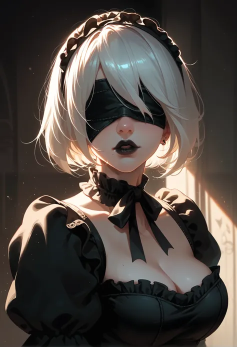 2B, nier automata, blindfold, gothic lolita cosplay, piercings, black lipstick, stoic, spooky mansion, beautiful lighting and shadows,